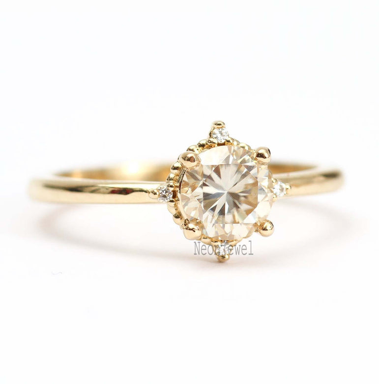 1.50 Ct Round Moissanite Cluster Wedding Ring 14K Solid Yellow Gold