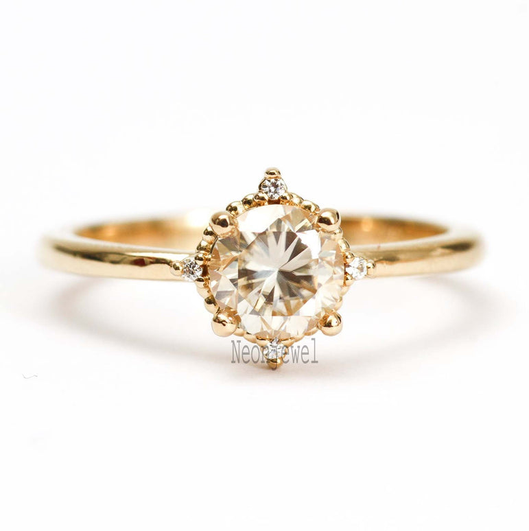 1.50 Ct Round Moissanite Cluster Wedding Ring 14K Solid Yellow Gold