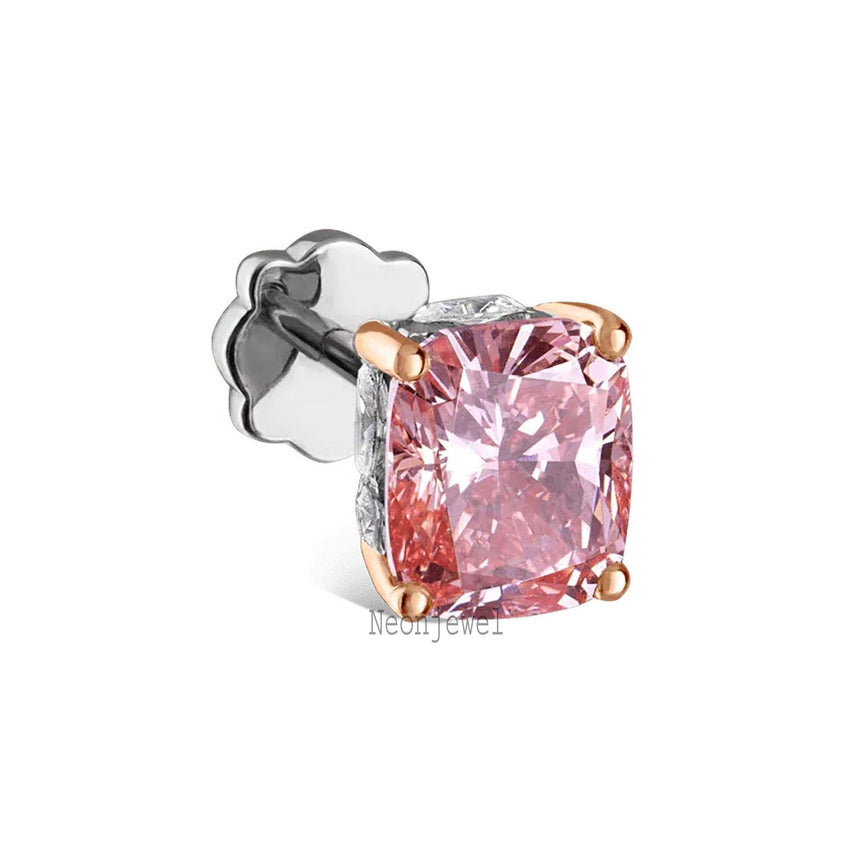 Pink Cushion Lab-Grown Diamond Stud Earring: 14k Gold Filigree Cartilage Conch