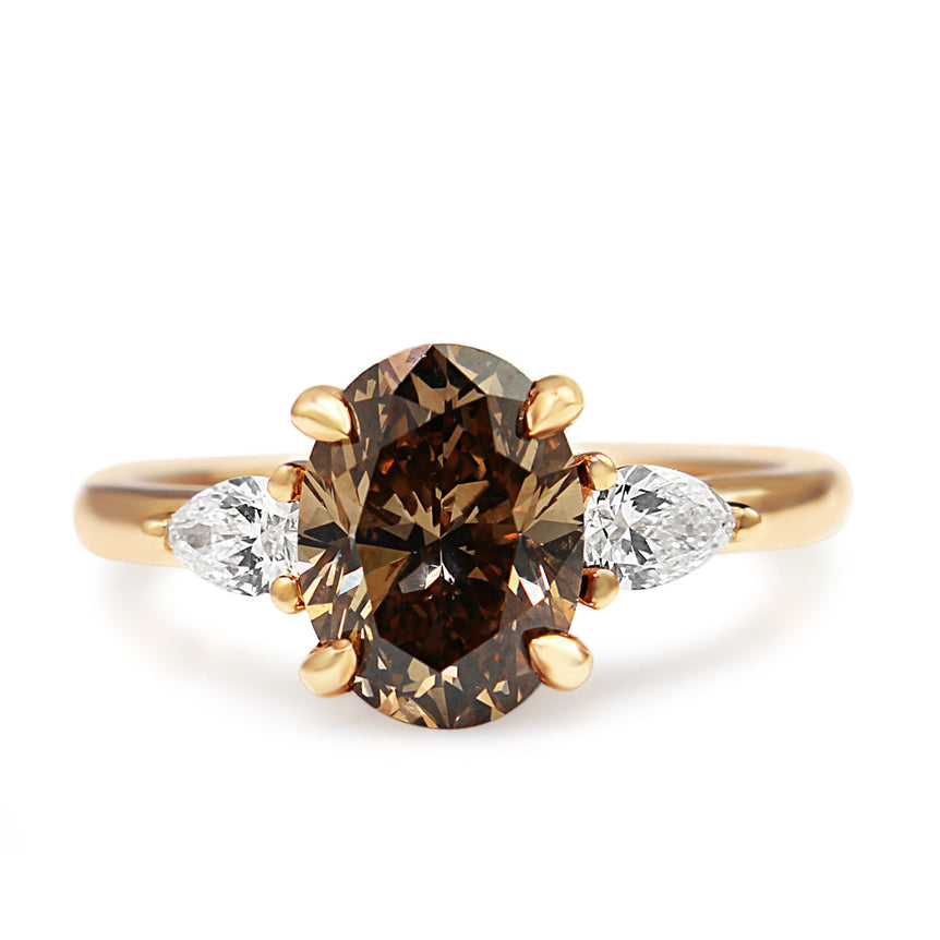 Brown Moissanite Engagement Ring Oval Three Stone Ring 14k Solid Yellow Gold Ring