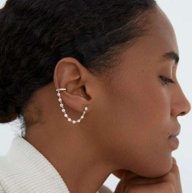 Ear Cuff Connecting Ear Stud Chain Jacket Front Back Ear Chain 14k Gold Enhancer Earring Sparkling Lab Grown Statement Ear Cuff