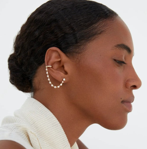 Ear Cuff Connecting Ear Stud Chain Jacket Front Back Ear Chain 14k Gold Enhancer Earring Sparkling Lab Grown Statement Ear Cuff