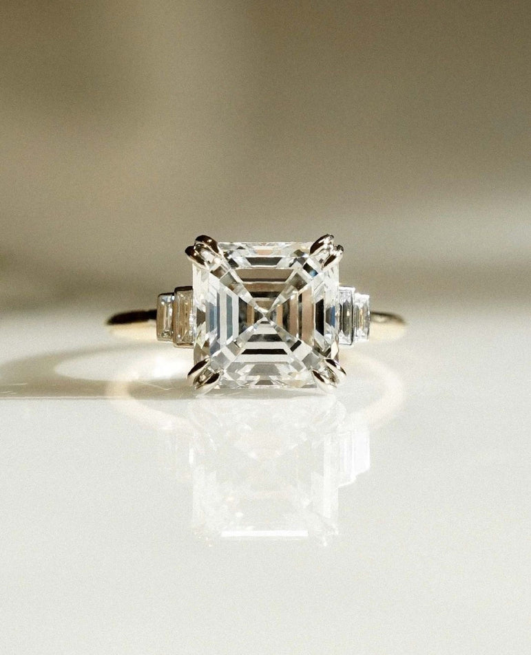 Three Stone Moissanite Engagement Ring 3 Ct Colorless Asscher Moissanite Wedding Ring 10K Solid Yellow Gold Ring