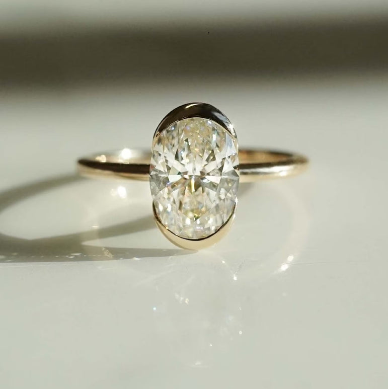 Half Bezel Oval Moissanite Solitaire Engagement Ring 10K Solid Yellow Gold Ring