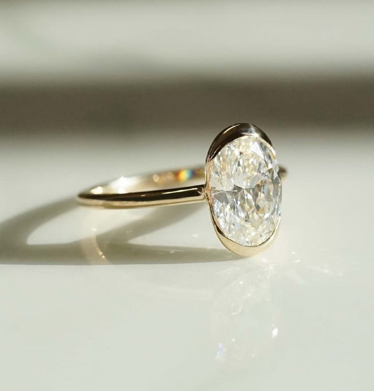 Half Bezel Oval Moissanite Solitaire Engagement Ring 10K Solid Yellow Gold Ring