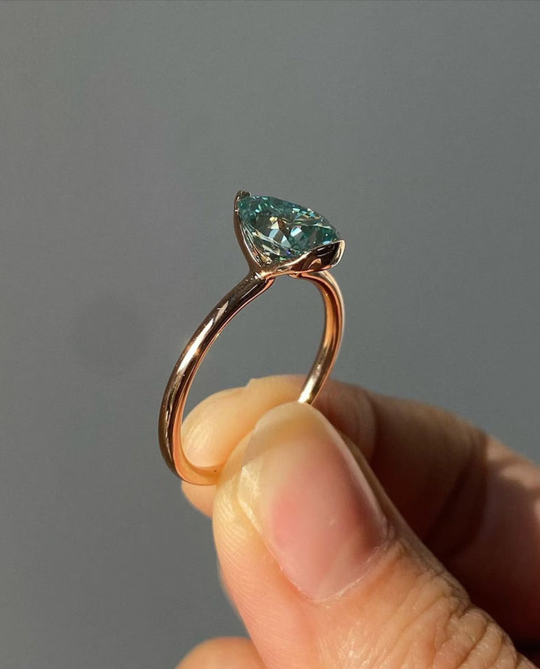 Blue Green Pear Cut Moissanite Engagement Ring Solitaire Moissanite Ring