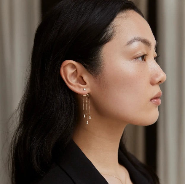 Diamond Ear Jacket Earring 14k Solid Gold Dangle Drop Chain Earring Curved Bar Ear Jacket For Stud Bezel Setting Lab Grown Diamond Earring