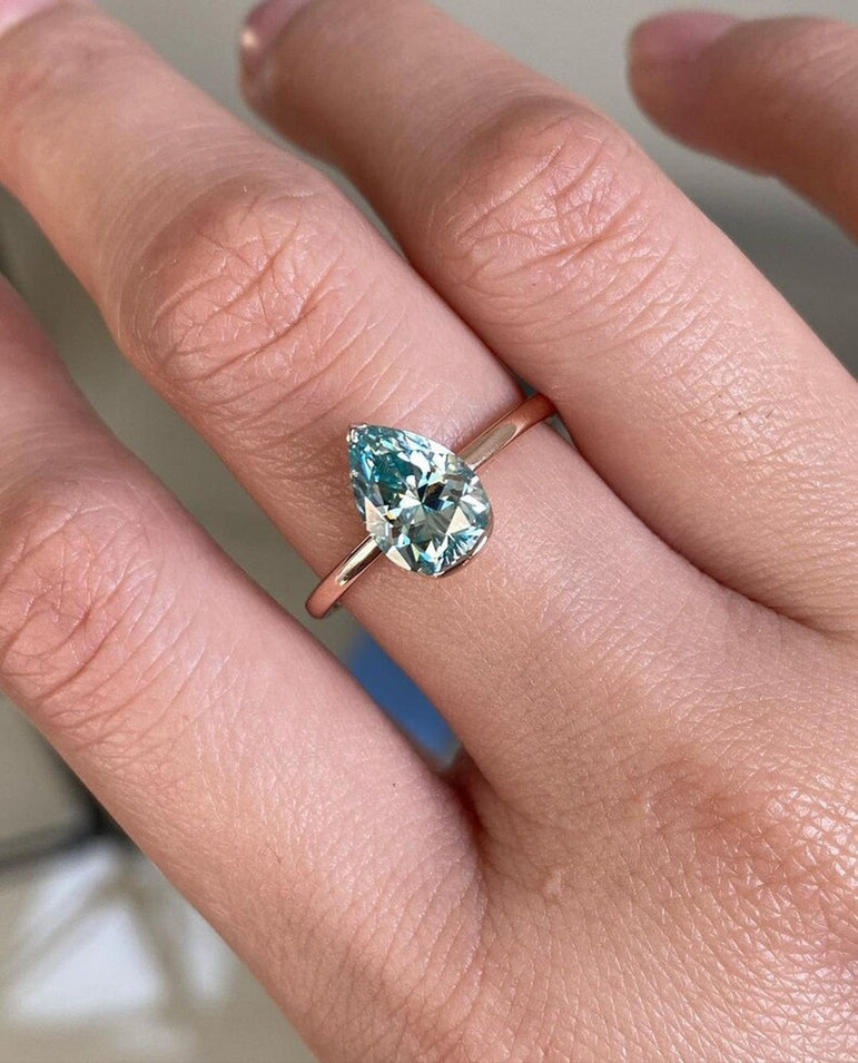 Blue Green Pear Cut Moissanite Engagement Ring Solitaire Moissanite Ring