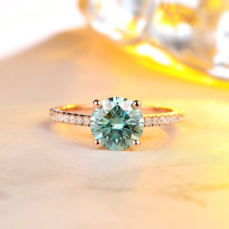 1.65 Ct Blue Green Round Moissanite 10K Solid Rose Gold Engagement Ring