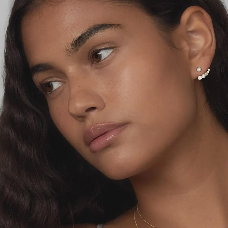 Diamond Ear Jacket Climber 10k Real Gold Bezel Set Lab Grown Diamond Minimalist Dainty Curved Earrings Everyday Luxury Gold Ear Crawler