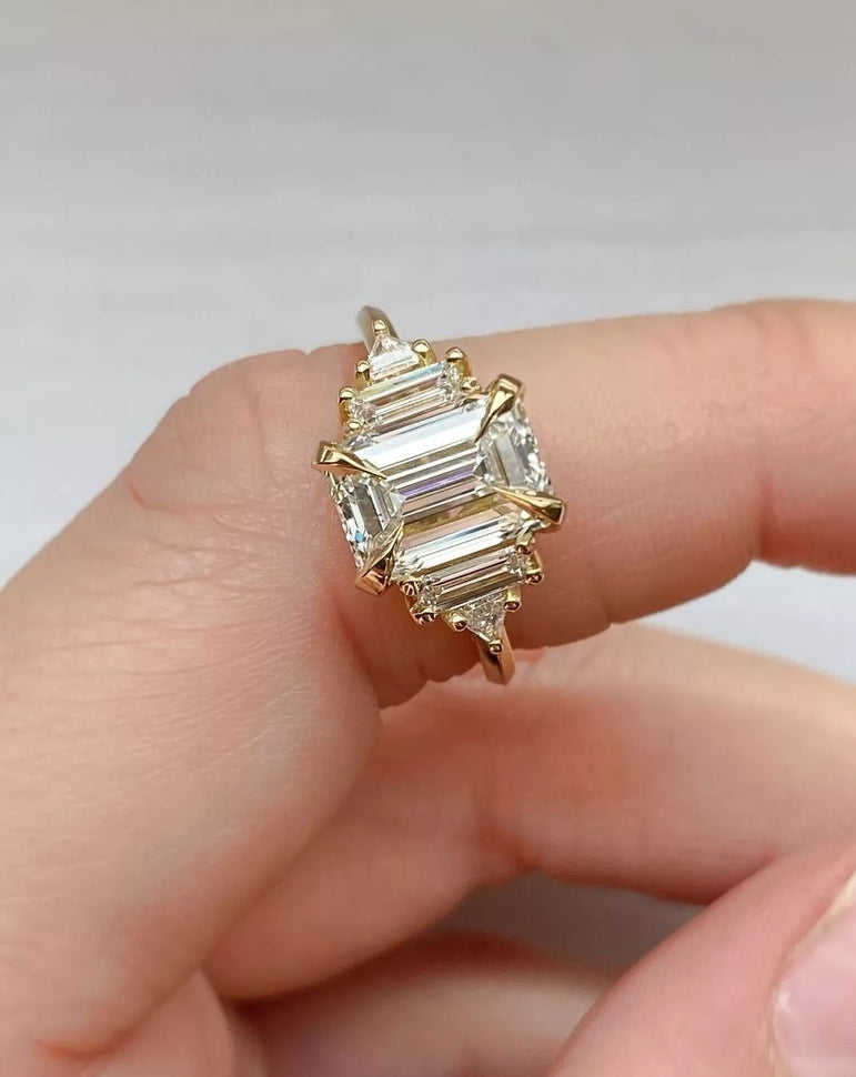 Vintage Moissanite Ring  4 ct Emerald Cut Moissanite Engagement Ring Channel Set Diamond Ring