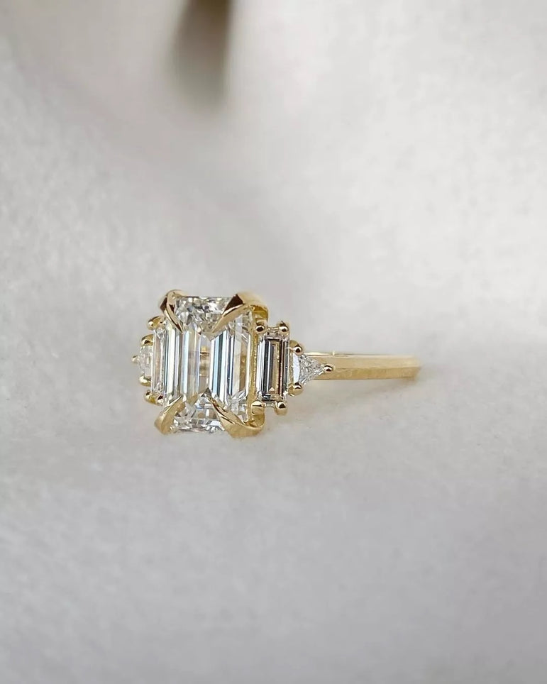 Vintage Moissanite Ring  4 ct Emerald Cut Moissanite Engagement Ring Channel Set Diamond Ring