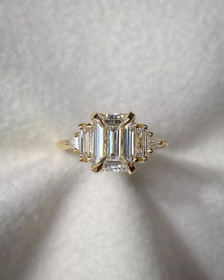 Vintage Moissanite Ring  4 ct Emerald Cut Moissanite Engagement Ring Channel Set Diamond Ring