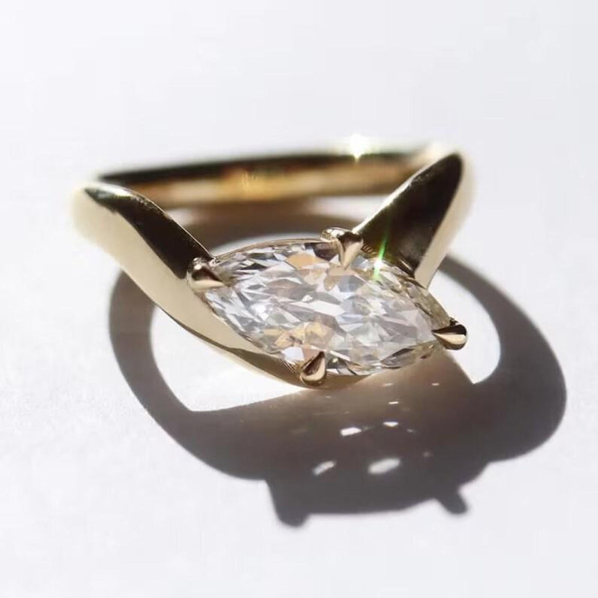 Twisted Marquise Moissanite Solitaire Wedding Ring 14K Solid Yellow Gold Vintage Ring For Her