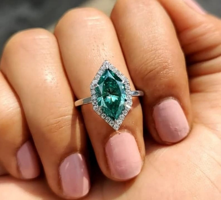 Blue Green Dutch Marquise Moissanite Engagement Ring Halo Moissanite Vintage Wedding Ring Unique Promise Ring