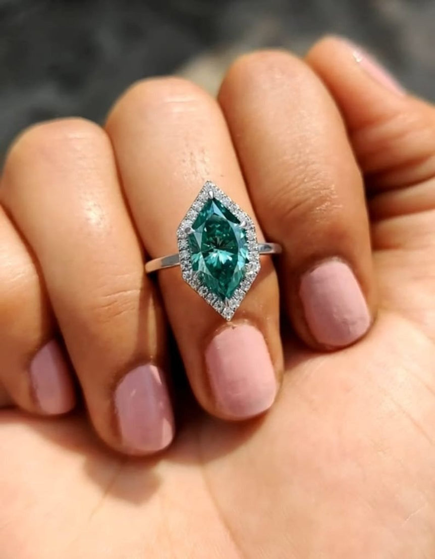 Blue Green Dutch Marquise Moissanite Engagement Ring Halo Moissanite Vintage Wedding Ring Unique Promise Ring