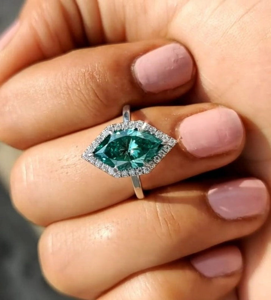 Blue Green Dutch Marquise Moissanite Engagement Ring Halo Moissanite Vintage Wedding Ring Unique Promise Ring