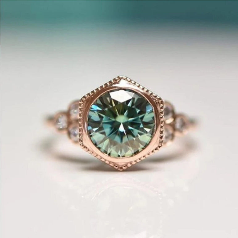 Vintage Moissanite Engagement Ring 2.10 Ct Blue Green Moissanite Cluster Wedding Ring