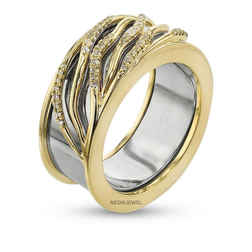 Wavy Smart Ring Cover, Organic Branch Two-Tone Tracker Shield, Diamond Accent Textured Ring Guard, Decorative Tech Jewelry Sleeve