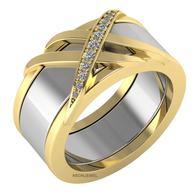 Criss-Cross Smart Ring Cover, Two-Tone Interlocking X Band Shield, Diamond Accent Tracker Protector, Luxury Jewelry Sleeve, Statement Ring Guard