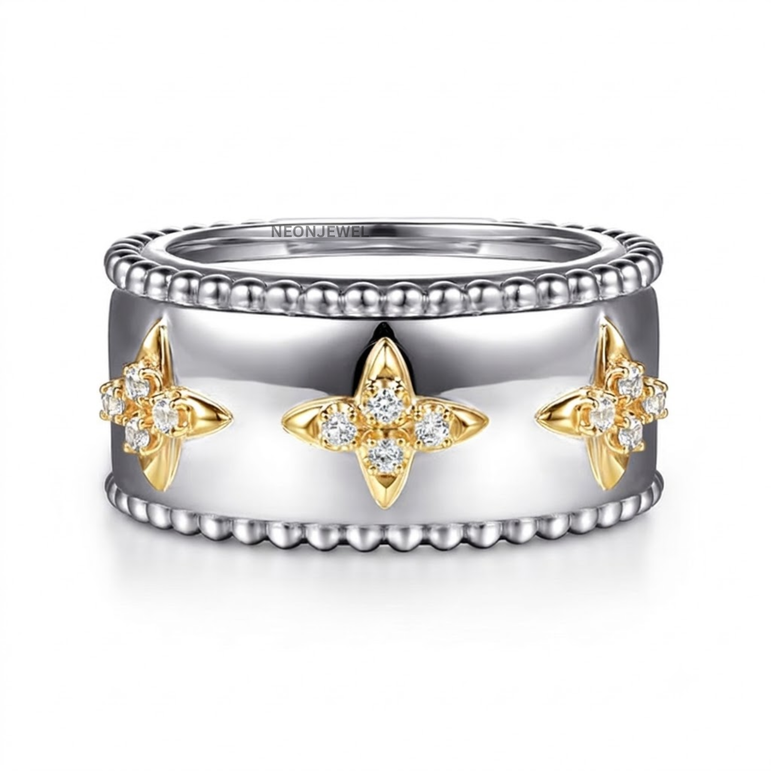 Two Tone Cover for Oura Ring, Silver Wide Smart Ring Protector, Gold Star Cluster Tracker Shield, Monogram Style Smart Ring Sleeve