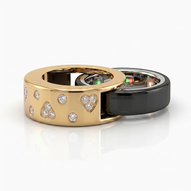 The "Sweetheart" Oura Ring Cover 4, 5 – Satin Gold with Pavé Hearts & Crystals