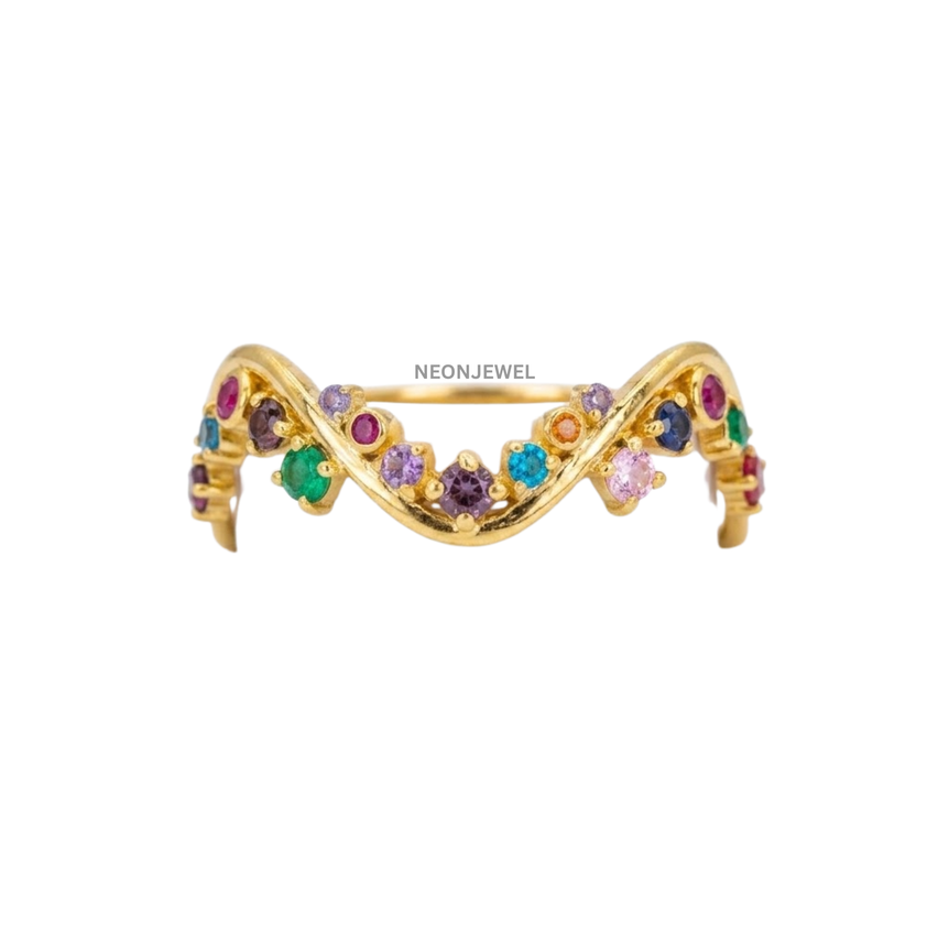 Rainbow Gemstone Oura Ring Cover | Gold Wavy Vine Smart Ring Protector & Guard