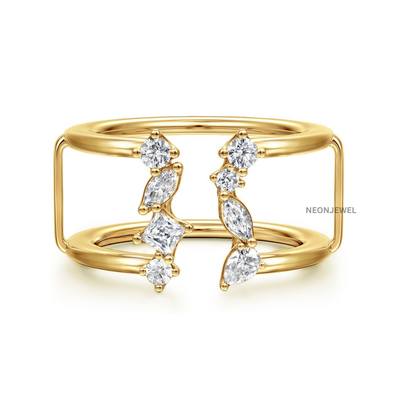 Crystal Smart Ring Cover for Oura, Gold Cluster Diamond Ring Shield, Double Row Open Front Protector