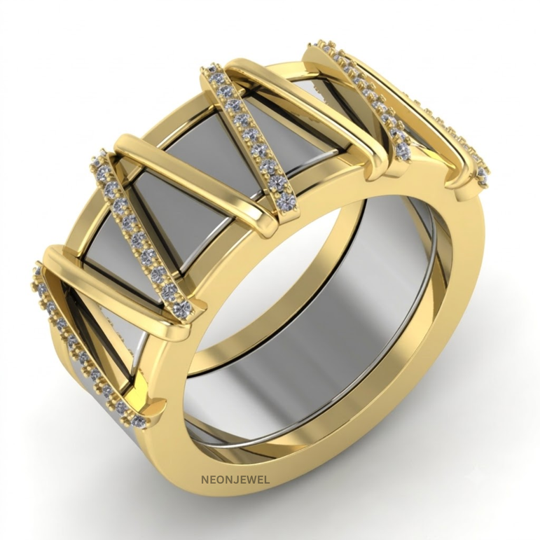 Geometric Smart Ring Cover, Two-Tone V-Shape Cage Ring Shield, Diamond Accent Tracker Protector, Luxury Jewelry Sleeve