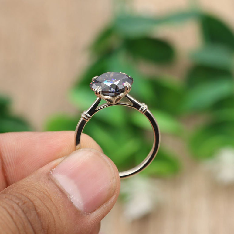 Blue Grey Cushion Solitaire Wedding Ring Vintage Style Moissanite Ring For Her