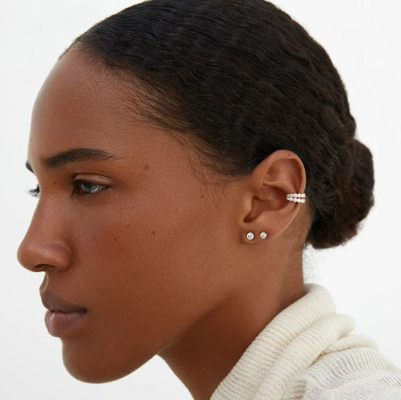 14k Real Solid Gold Round Diamond Ear Cuff Double Row Sparkling Lab Grown Diamond Ear Cuff Dainty Everyday Wear No Piercing Jewelry