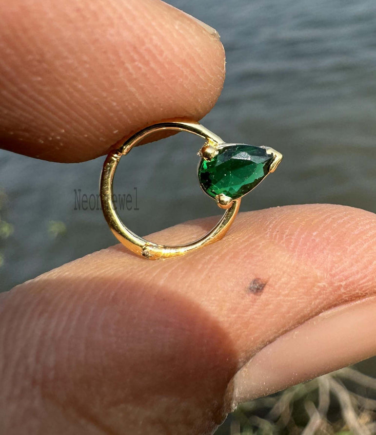 Birthstone Daith Earrings Green Pear Septum Ring 10K Gold Hoop Emerald Septum Helix Piercing