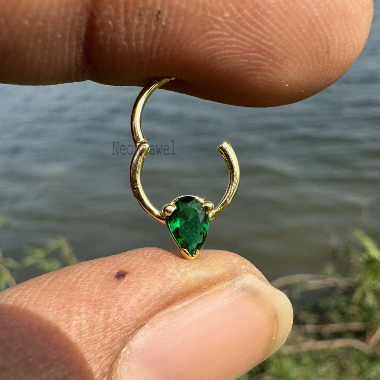 Birthstone Daith Earrings Green Pear Septum Ring 10K Gold Hoop Emerald Septum Helix Piercing