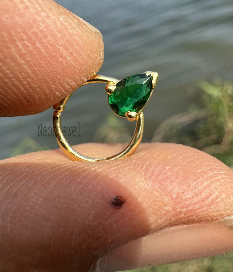 Birthstone Daith Earrings Green Pear Septum Ring 10K Gold Hoop Emerald Septum Helix Piercing