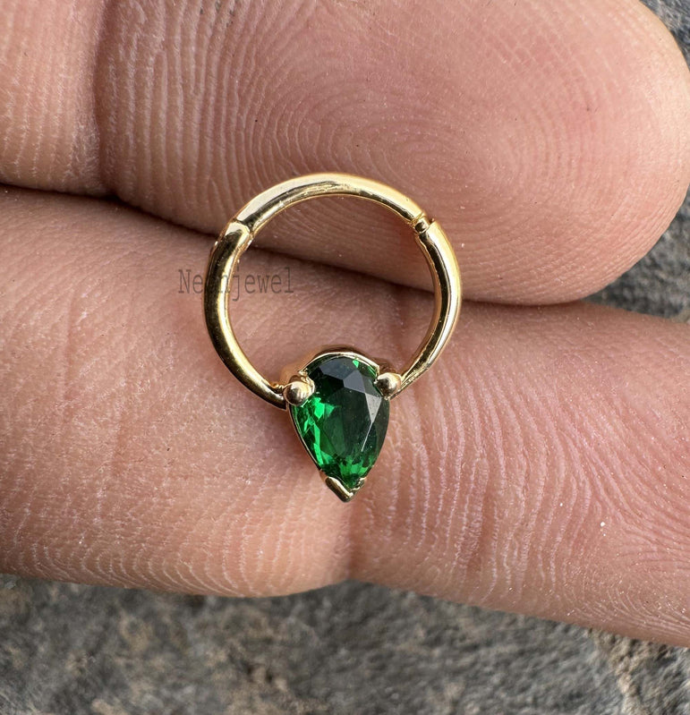 Birthstone Daith Earrings Green Pear Septum Ring 10K Gold Hoop Emerald Septum Helix Piercing