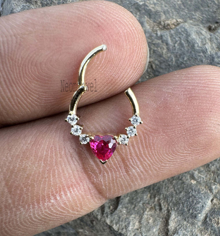 Ruby Heart Diamond Septum Nose Ring, Birthstone Diamond Septum Clicker for her