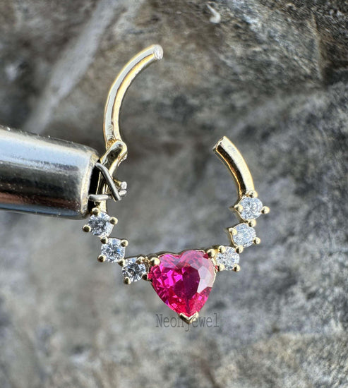 Ruby Heart Diamond Septum Nose Ring, Birthstone Diamond Septum Clicker for her