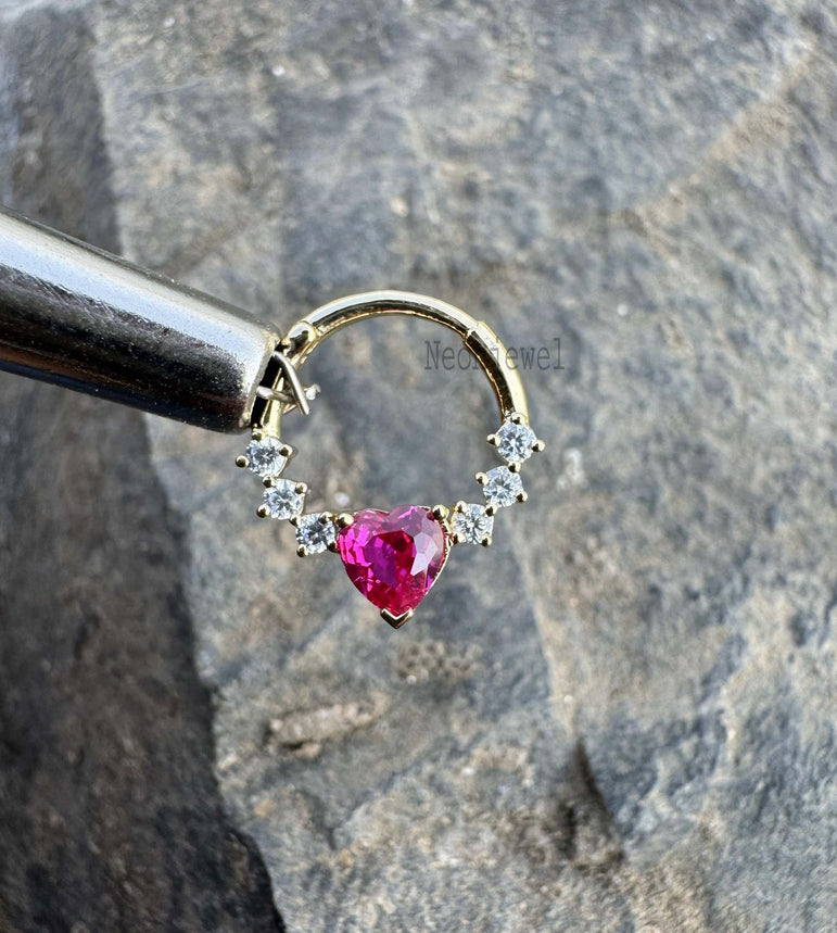 Ruby Heart Diamond Septum Nose Ring, Birthstone Diamond Septum Clicker for her