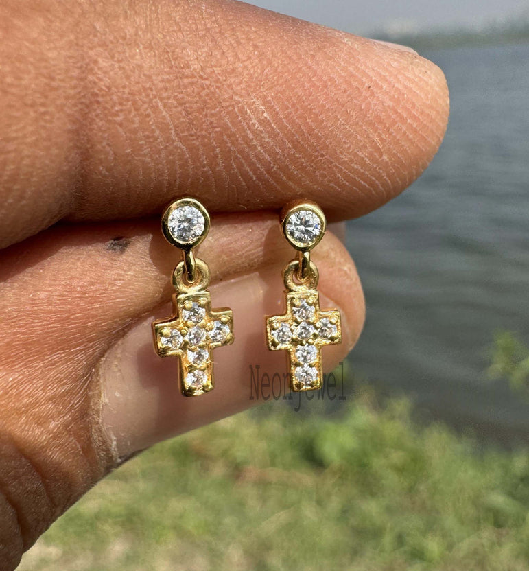 Dangling Cross Hoop Earrings 10K Natural Diamond Cross Stud Earrings Cross Flat Back Stud Piercing