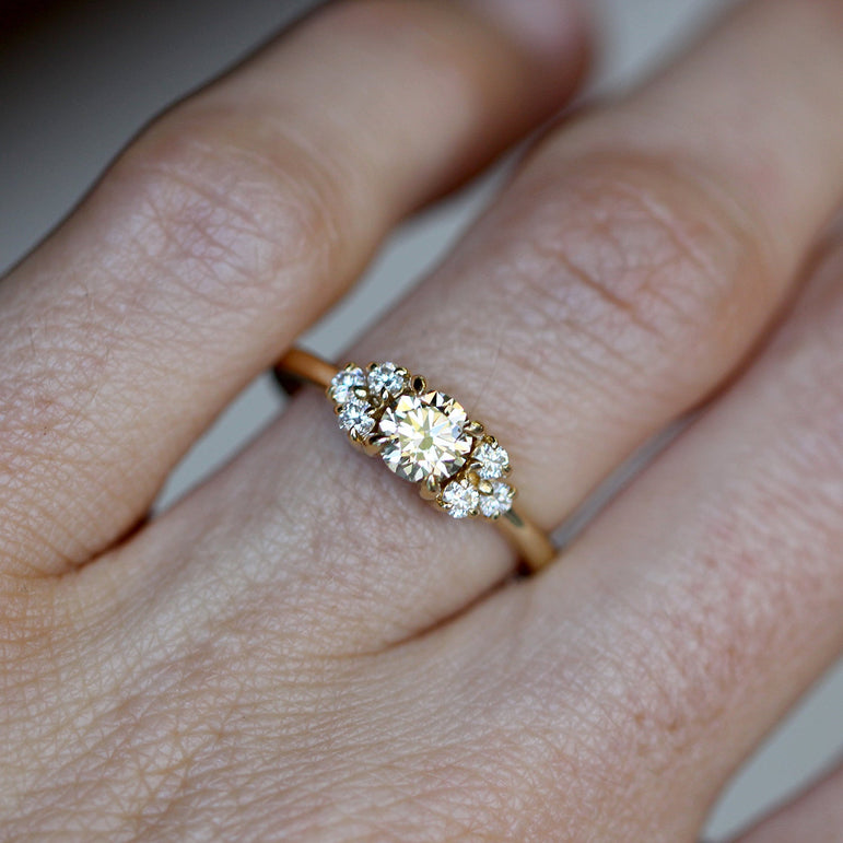 Cluster Moissanite Engagement Ring 1.60 Ct Brown Round Moissanite Ring 14K Solid Yellow Gold Ring