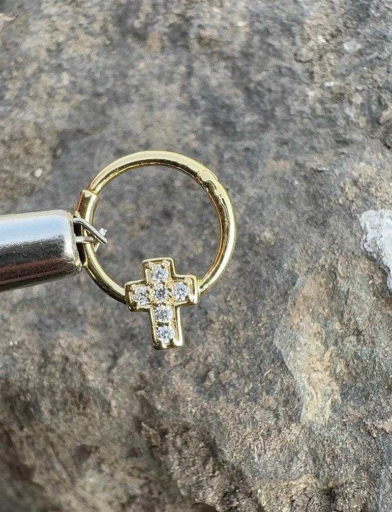 Cross Diamond Piercing Tiny Diamond Body Piercing Religious Symbol Conch Piercing 10k Solid Gold Piercing