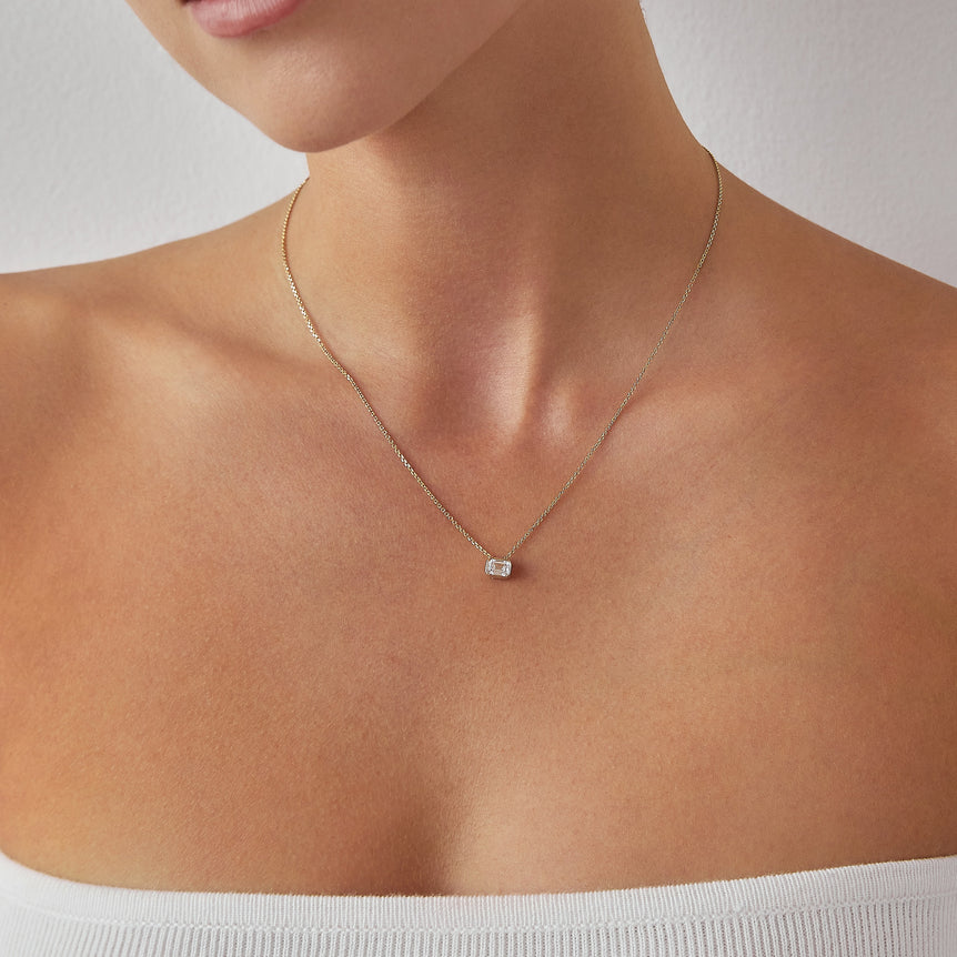 Emerald Diamond Pendant Necklace East West Bezel Set Charm Necklace Lab Grown Dainty Diamond Solitaire Everyday Pendant