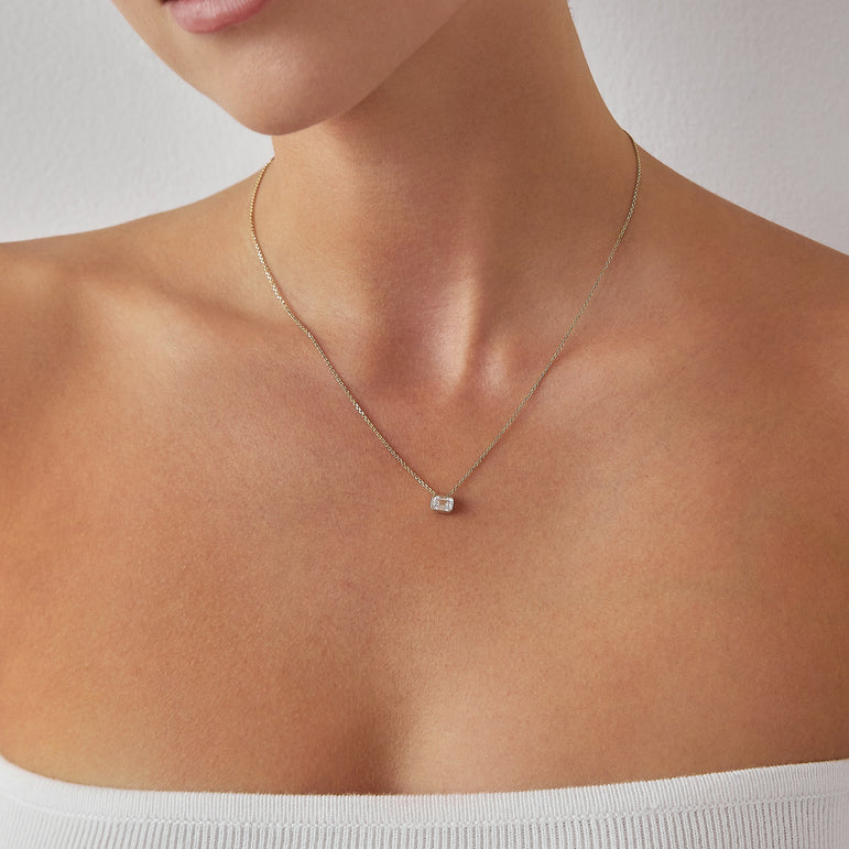 Emerald Diamond Pendant Necklace East West Bezel Set Charm Necklace Lab Grown Dainty Diamond Solitaire Everyday Pendant