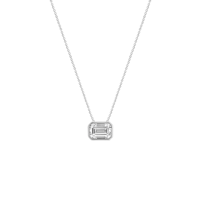 Emerald Diamond Pendant Necklace East West Bezel Set Charm Necklace Lab Grown Dainty Diamond Solitaire Everyday Pendant