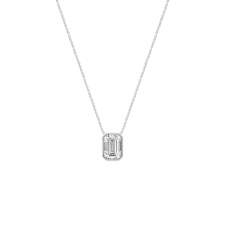 Emerald Diamond Pendant Necklace East West Bezel Set Charm Necklace Lab Grown Dainty Diamond Solitaire Everyday Pendant