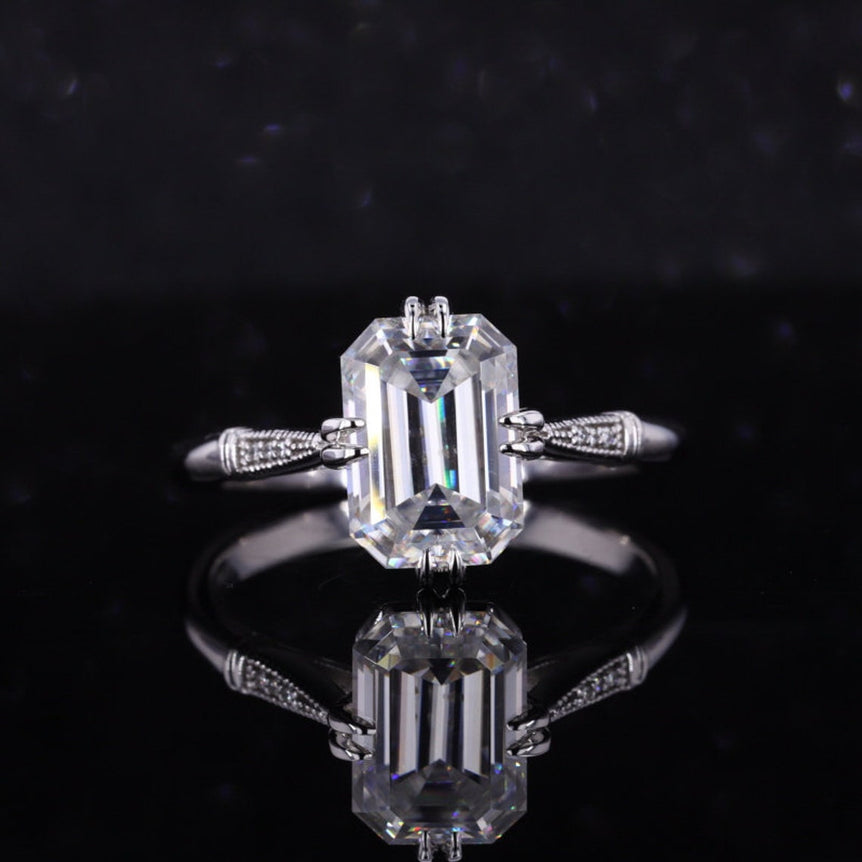 3 Ct White Emerald Moissanite Solitaire Ring Vintage 10K White Gold Moissanite Ring For Women