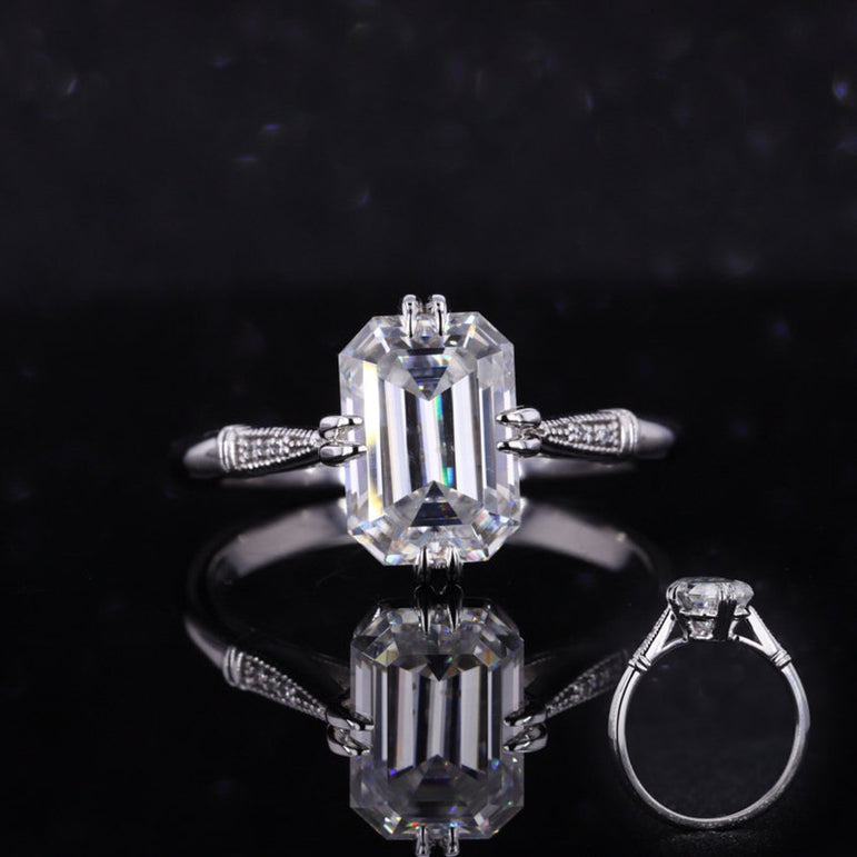 3 Ct White Emerald Moissanite Solitaire Ring Vintage 10K White Gold Moissanite Ring For Women