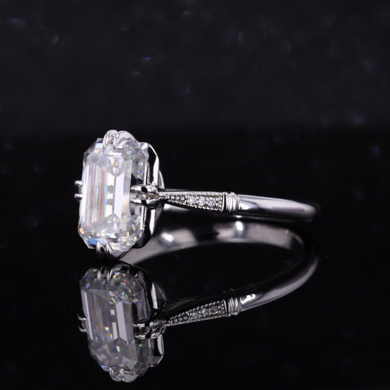 3 Ct White Emerald Moissanite Solitaire Ring Vintage 10K White Gold Moissanite Ring For Women