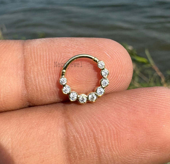 Moissanite Daith Piercing, Diamond Septum Nose Ring in 14K Gold, Moissanite Clicker Daith Piercing