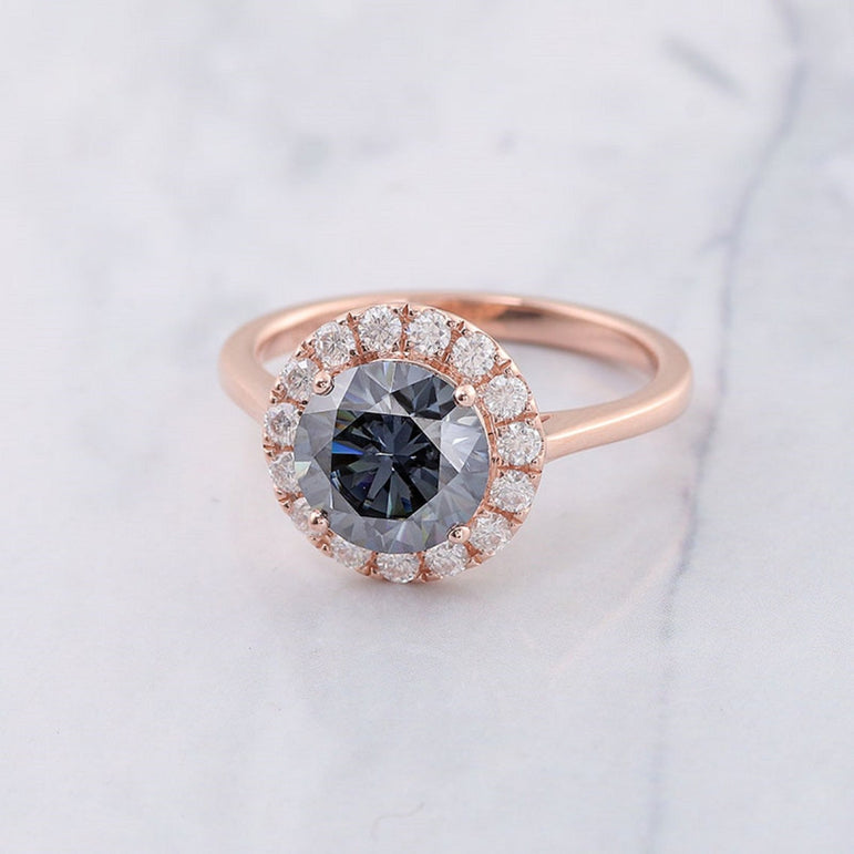 Dark Grey Round Moissanite Halo Engagement Ring